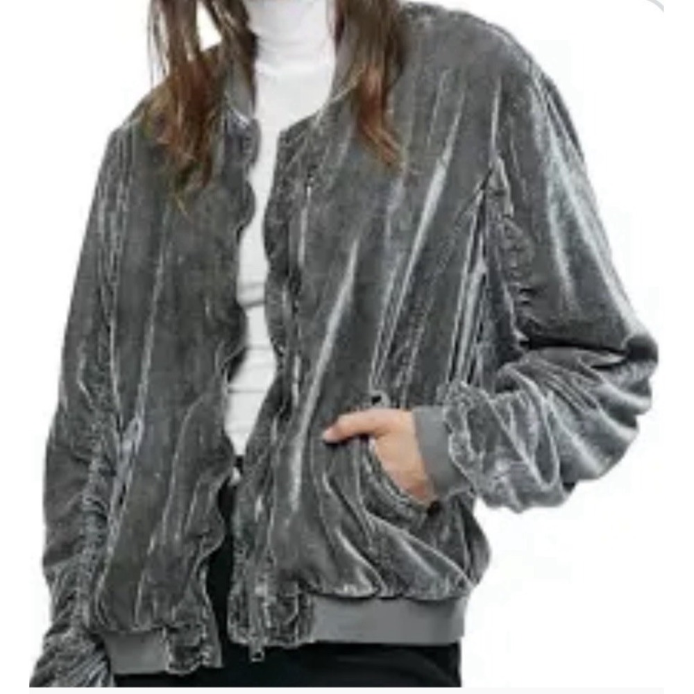 Free People Ruched Bomber Jacket Small Gray Plush Velvet Draped Zip #L6-6